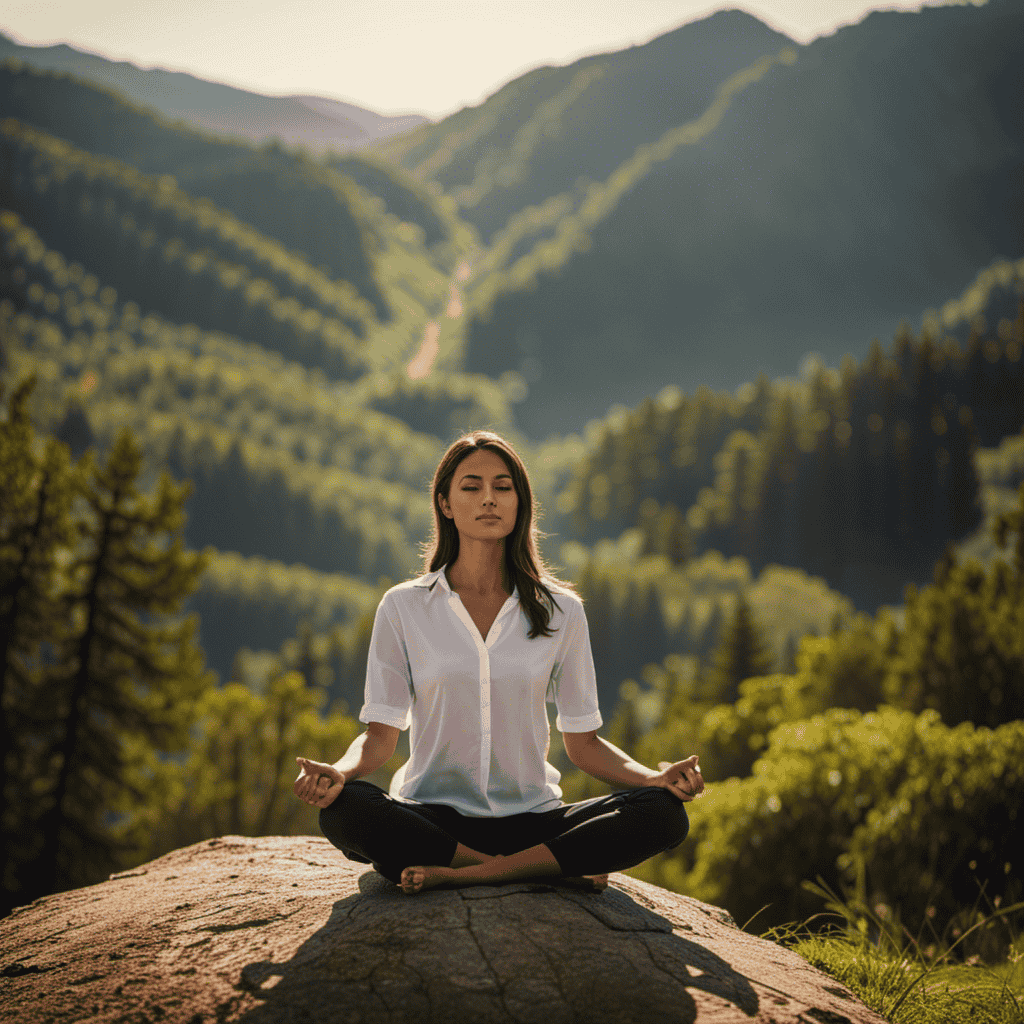 An image depicting a serene meditator seated cross-legged atop a lush, sun-dappled mountaintop
