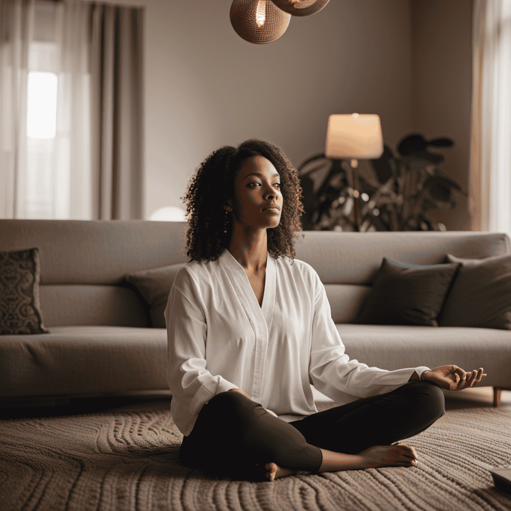 An image that portrays a serene meditator with ADHD, seated on a cozy cushion in a softly-lit room, surrounded by minimalistic decor