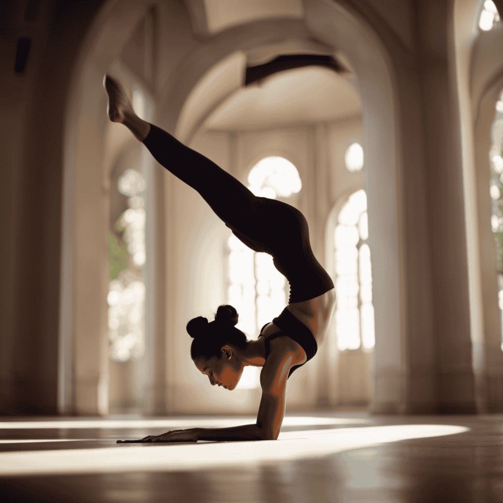 the metamorphosis of the body and mind through an image of a yogi gracefully suspended in Scorpion Pose, their arched back forming a perfect curve, legs extended upwards, and a serene expression radiating inner peace