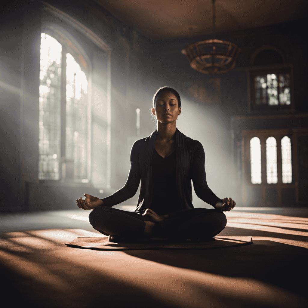An image capturing a serene scene of a meditator in a lotus position, back straight, hands gently resting on knees, eyes closed, surrounded by soft natural light and a tranquil setting