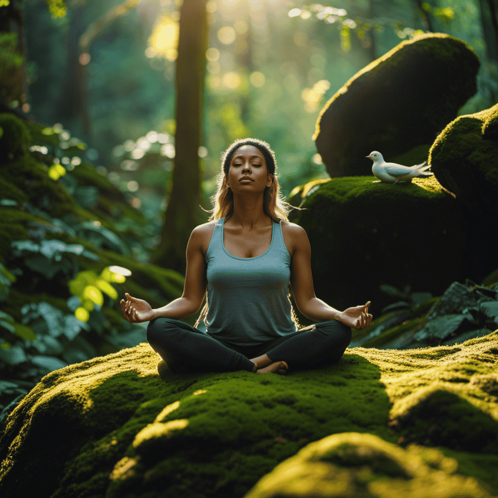 An image featuring a serene meditator, seated in a lotus position on a vibrant, moss-covered rock amidst a lush forest