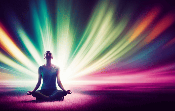 An image that showcases the vibrant colors of the aura, with a person meditating in a serene environment surrounded by a radiant energy field, evoking a sense of calm, balance, and inner harmony