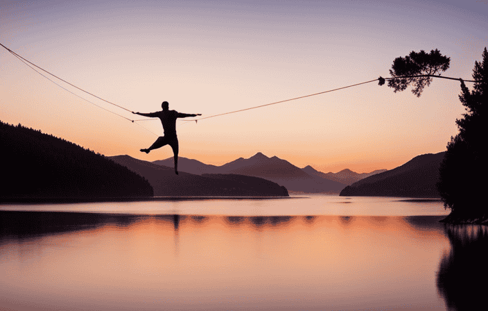 An image showcasing a serene lakeside setting with a person gracefully balancing on a tightrope suspended between two trees, symbolizing the delicate harmony between time management, resilience, and wellbeing for busy professionals