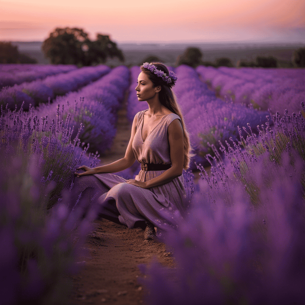 An image showcasing a serene moonlit landscape with a peaceful figure seated in lotus position, surrounded by blooming lavender fields, as a gentle breeze rustles the leaves of nearby trees