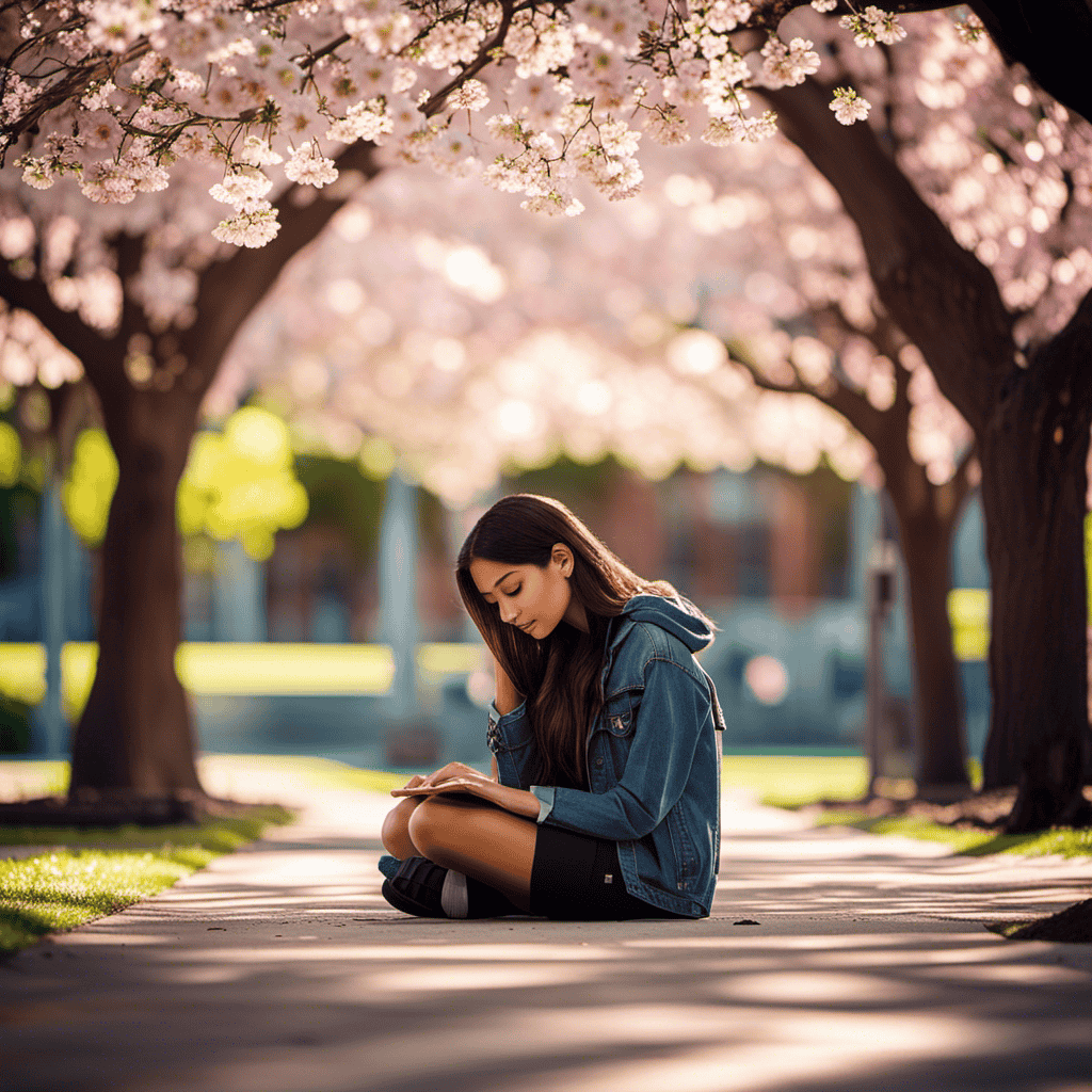 An image showcasing a serene college campus scene with a student sitting cross-legged under a blooming tree, eyes closed, hands resting gently on their knees, surrounded by a soft glow of tranquility