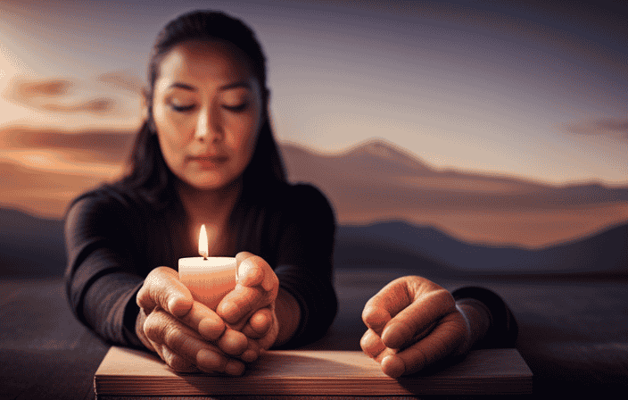 An image that showcases a serene, candlelit space with a person wearing a meditation bracelet, their eyes closed, hands clasping mala beads, surrounded by a tranquil atmosphere evoking inner peace
