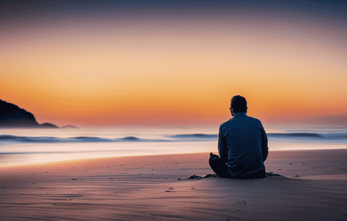 An image depicting a serene beach at sunset, with a solitary figure sitting cross-legged on the sand, eyes closed and surrounded by a soft glow
