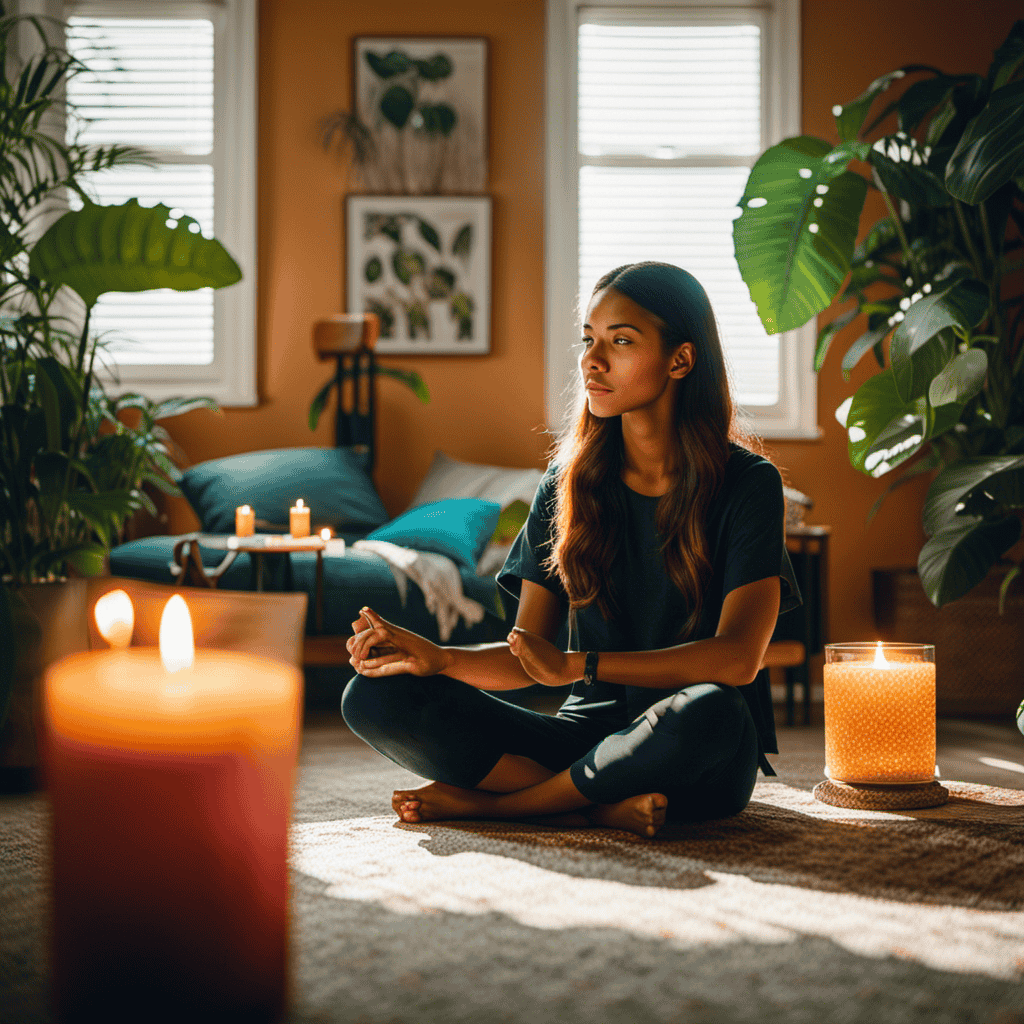 An image of a calm and focused student sitting cross-legged on a colorful cushion in a sunlit room, surrounded by tranquil plants and a softly glowing candle, while their mind is at peace and free from distractions