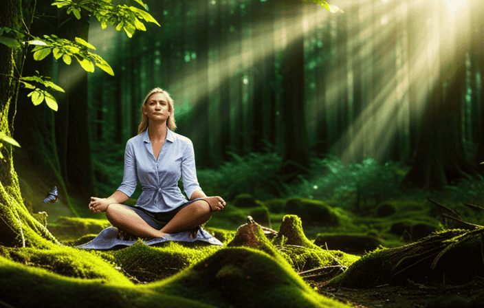 An image of a serene forest clearing, dappled sunlight filtering through lush green leaves, where a person sits cross-legged on a mossy rock, eyes closed, surrounded by fluttering butterflies and chirping birds