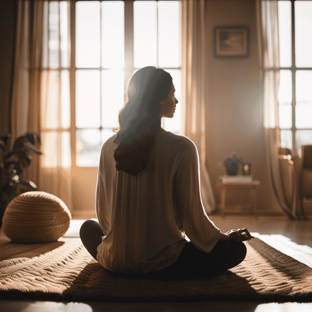 An image that depicts a serene, sunlit room with soft, earth-toned cushions, where a person sits in peaceful meditation, surrounded by gentle rays of light, symbolizing the transformative power of mindfulness in addiction recovery