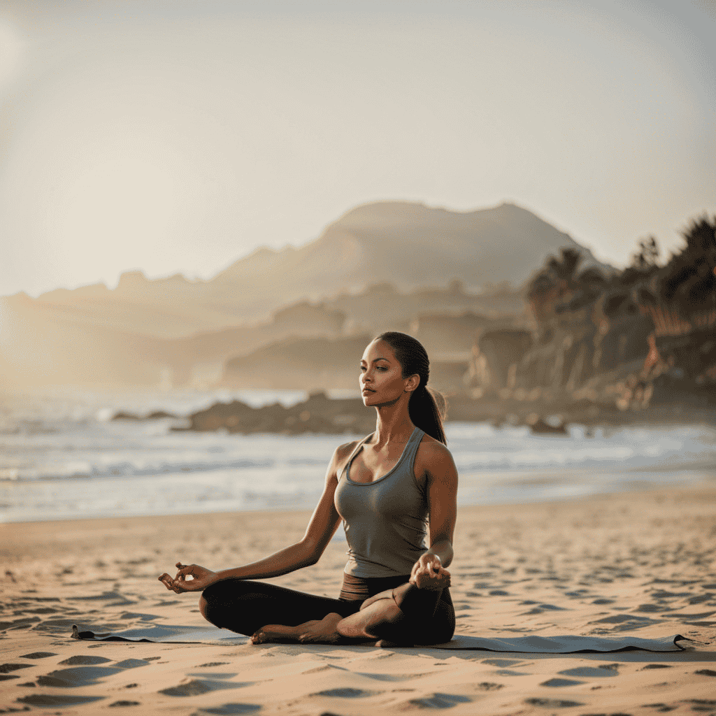 the serene essence of a sun-kissed morning as a woman gracefully performs a rejuvenating yoga sequence amidst a tranquil beach backdrop, her body and soul harmoniously intertwined in pursuit of revitalizing her weight loss journey