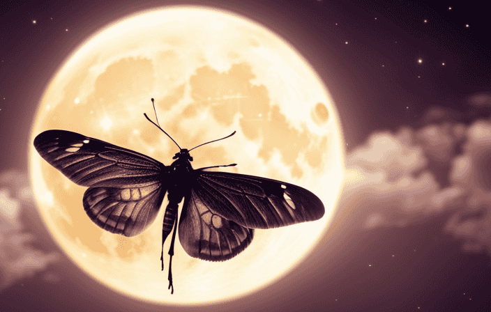 An image depicting a mystical scene: a breathtaking night sky illuminated by the ethereal glow of a full moon, as moths gracefully dance, their delicate wings carrying them on an enchanting journey through the cosmos