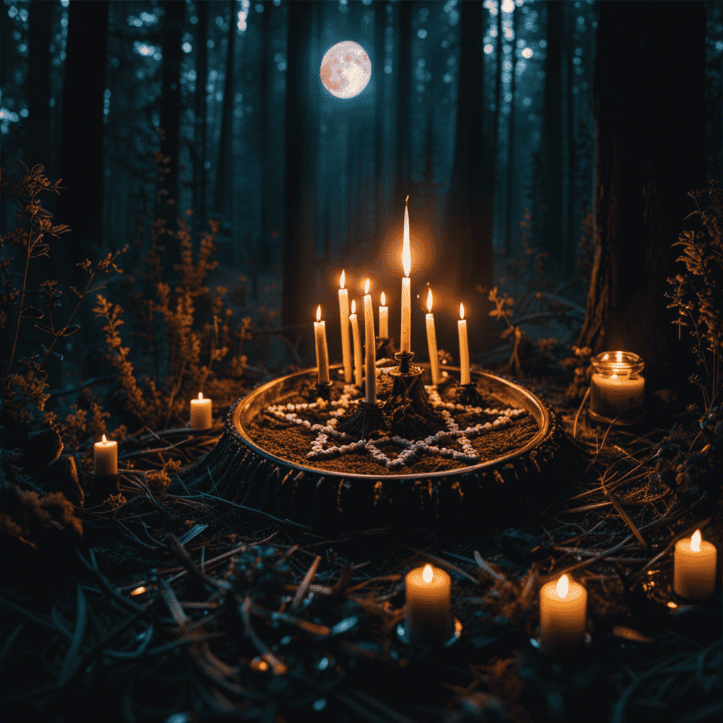 An image showcasing a moonlit forest with a mystical altar adorned with nails intricately arranged in a pentagram shape, surrounded by enchanted herbs, crystals, and burning candles, capturing the mystical symbolism of nails in witchcraft