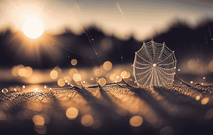 An image capturing a delicate, dew-covered spiderweb glistening in the moonlight, adorned with shimmering stars and interwoven with ethereal symbols, evoking a sense of mystery and spiritual significance