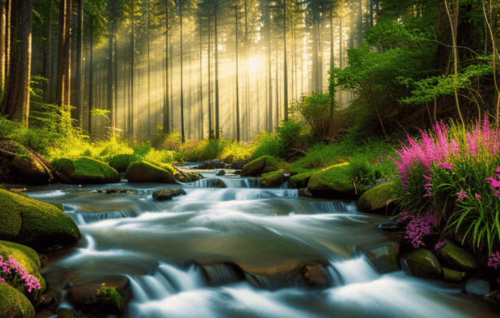 An image showcasing a serene forest scene, with sunlight streaming through the trees, vibrant green foliage, a peaceful river flowing, and a diverse array of colorful wildflowers, evoking a sense of tranquility, rejuvenation, and harmony with nature