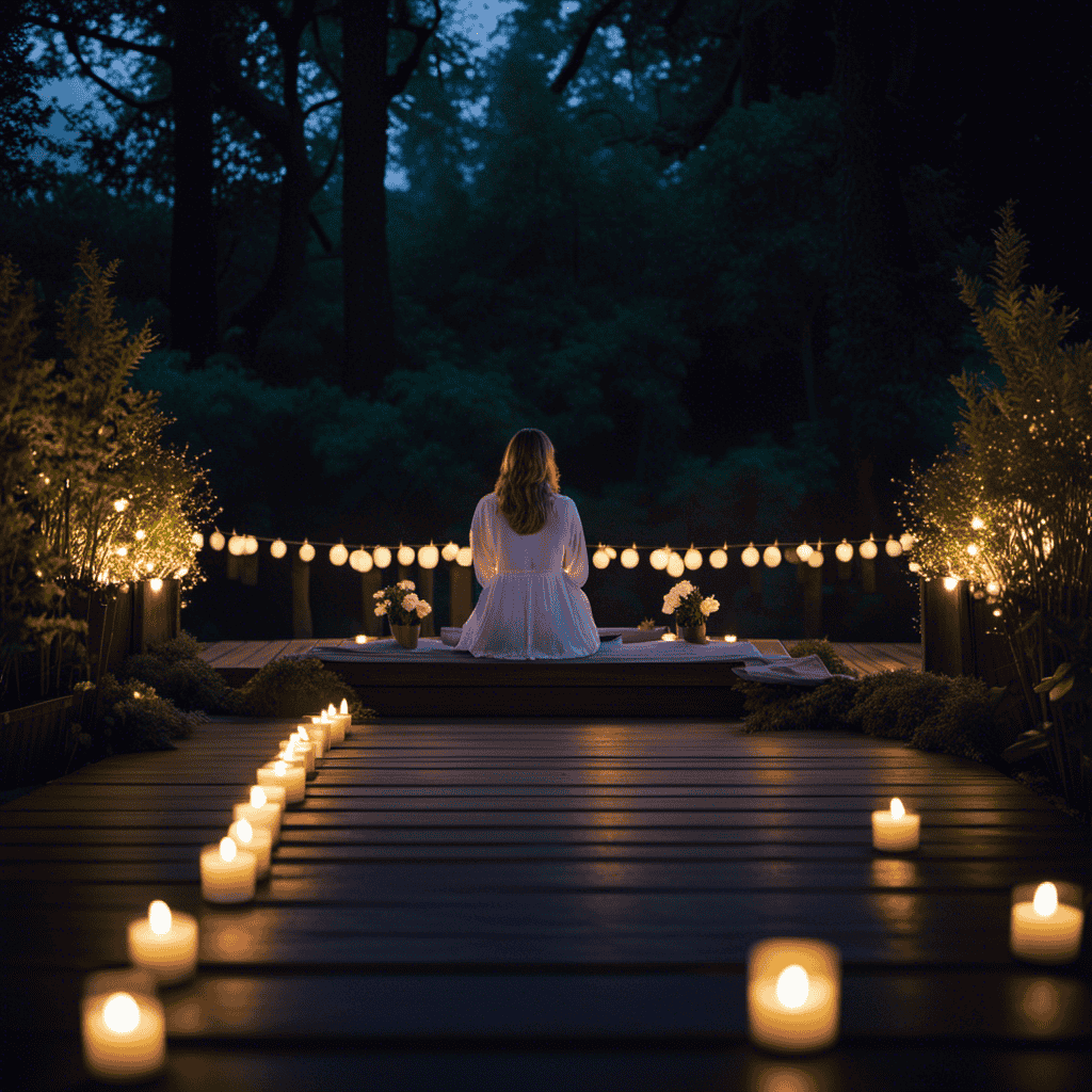 An image of a serene moonlit garden, with a figure sitting cross-legged on a wooden deck, surrounded by softly glowing candles