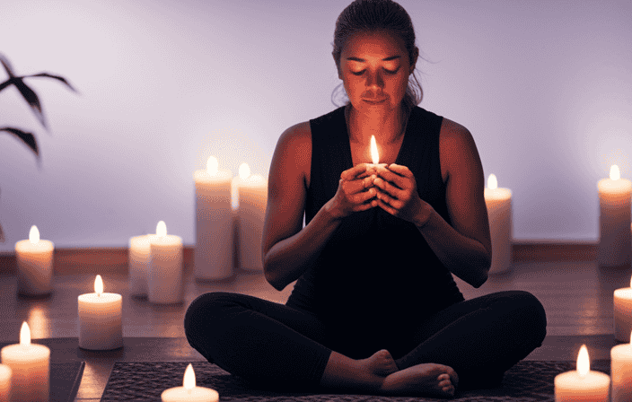 An image showcasing a serene, sunlit room with a person sitting cross-legged, eyes closed, surrounded by aromatic candles