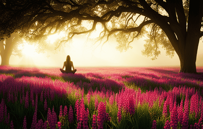 An image of a serene, sun-kissed meadow filled with vibrant wildflowers, where a solitary figure meditates beneath the shade of a towering oak tree, surrounded by rays of ethereal light and a gentle breeze