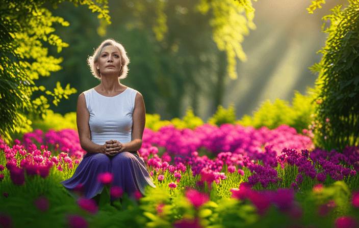 An image showcasing a person sitting peacefully amidst a vibrant, serene garden, surrounded by blooming flowers and lush greenery