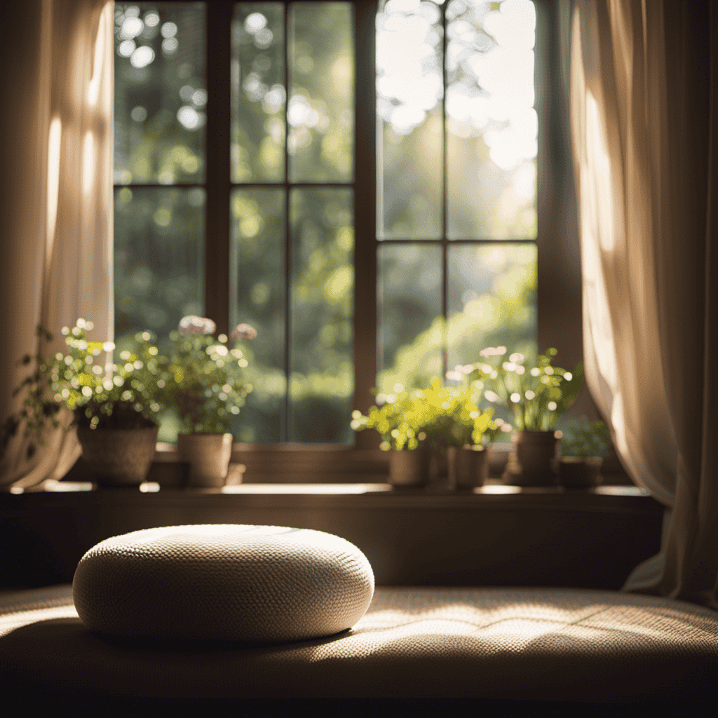 An image of a serene, sunlit room with a cozy meditation cushion placed near a large window overlooking a lush garden