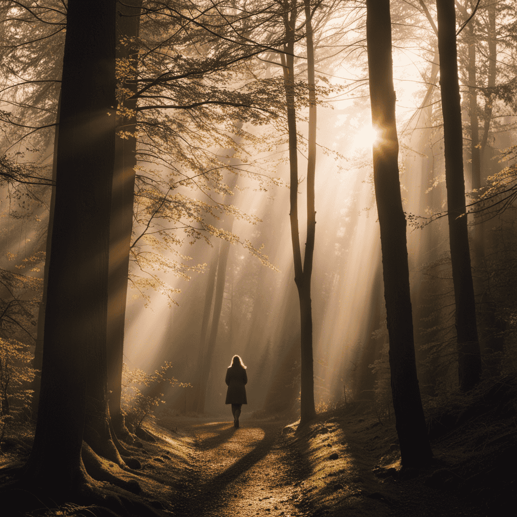 An image depicting a serene figure walking through a misty forest, slowly shedding the weight of anxiety