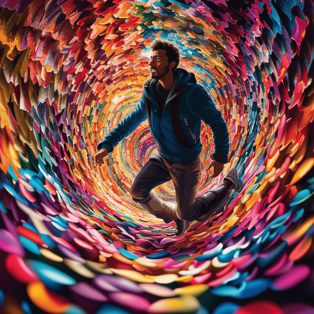 Depict a vibrant illustration of a person triumphantly stepping out of a shattered cocoon, surrounded by a kaleidoscope of colors, symbolizing the transformative journey of overcoming obstacles by experiencing life from a different perspective