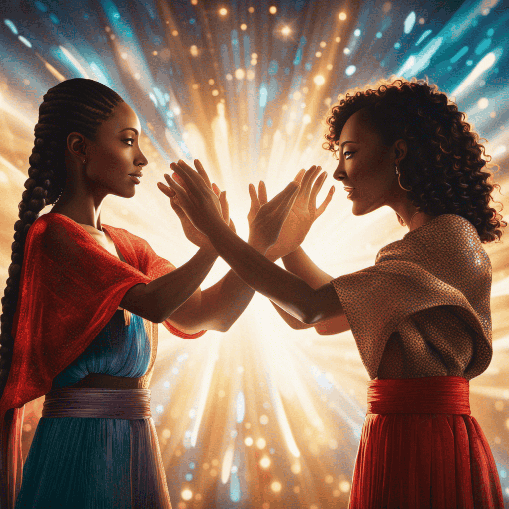 An image depicting two individuals of different races, genders, or abilities, facing each other with open arms, as vibrant beams of energy intertwine around them, symbolizing the transformative power of empathy and experiencing life through another's perspective