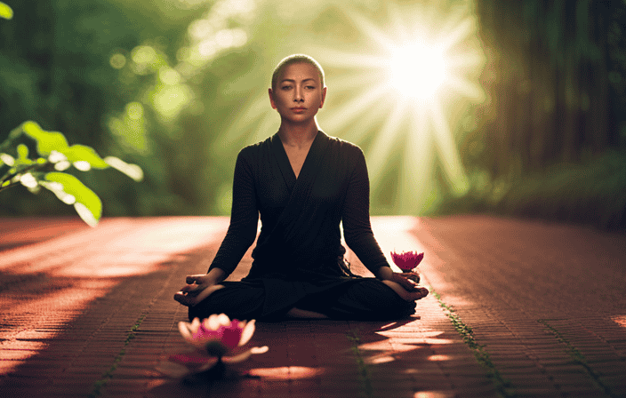 An image showcasing a serene and secluded Buddhist meditation space, with soft golden sunlight filtering through lush greenery, casting gentle shadows on a meditating figure surrounded by blooming lotus flowers