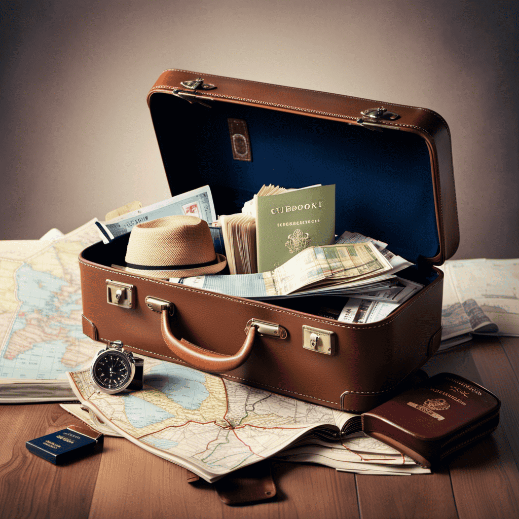 An image of a suitcase filled with essentials like a UK guidebook, British pounds, a passport, and a travel itinerary