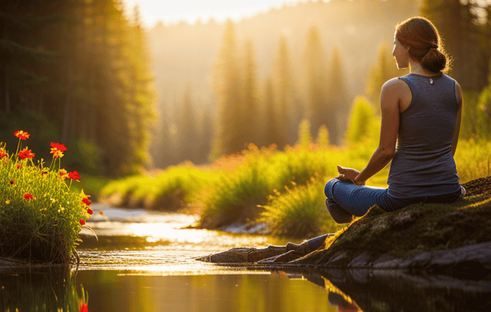 An image capturing the serene beauty of a secluded forest bathed in golden sunlight, where a solitary figure peacefully meditates beside a pristine stream, surrounded by vibrant wildflowers and a gentle breeze rustling the leaves