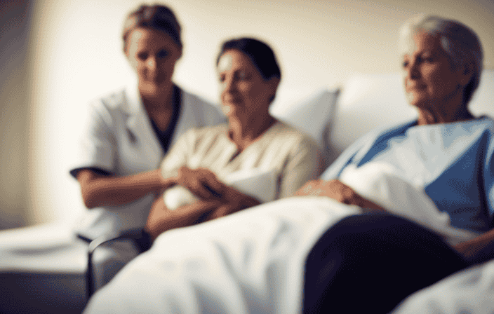 An image of a serene hospital room where a nurse tenderly holds the hand of a patient, bathed in soft, healing light