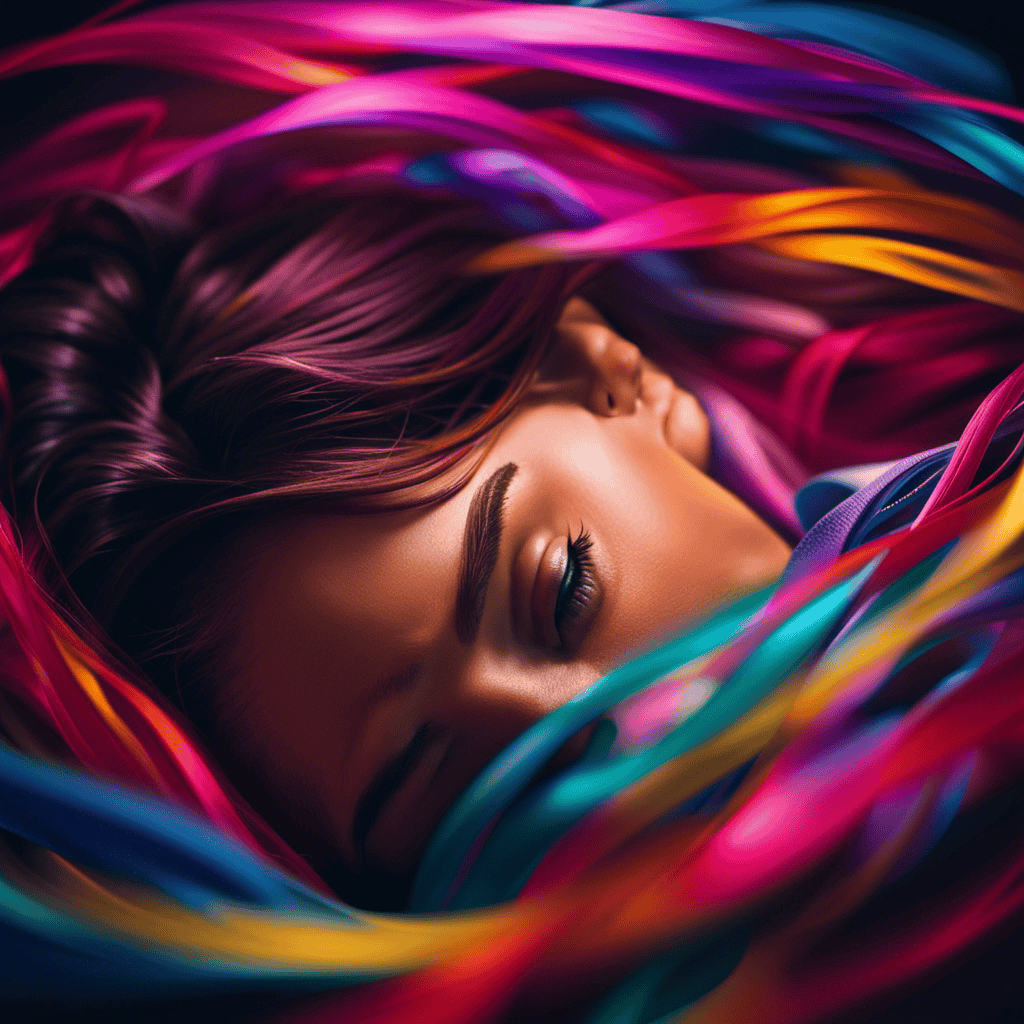 An image of a person sleeping, their face serene, surrounded by a vivid swirl of vibrant colors and ethereal ribbons, symbolizing the mysterious and prophetic nature of dreams and speaking in tongues