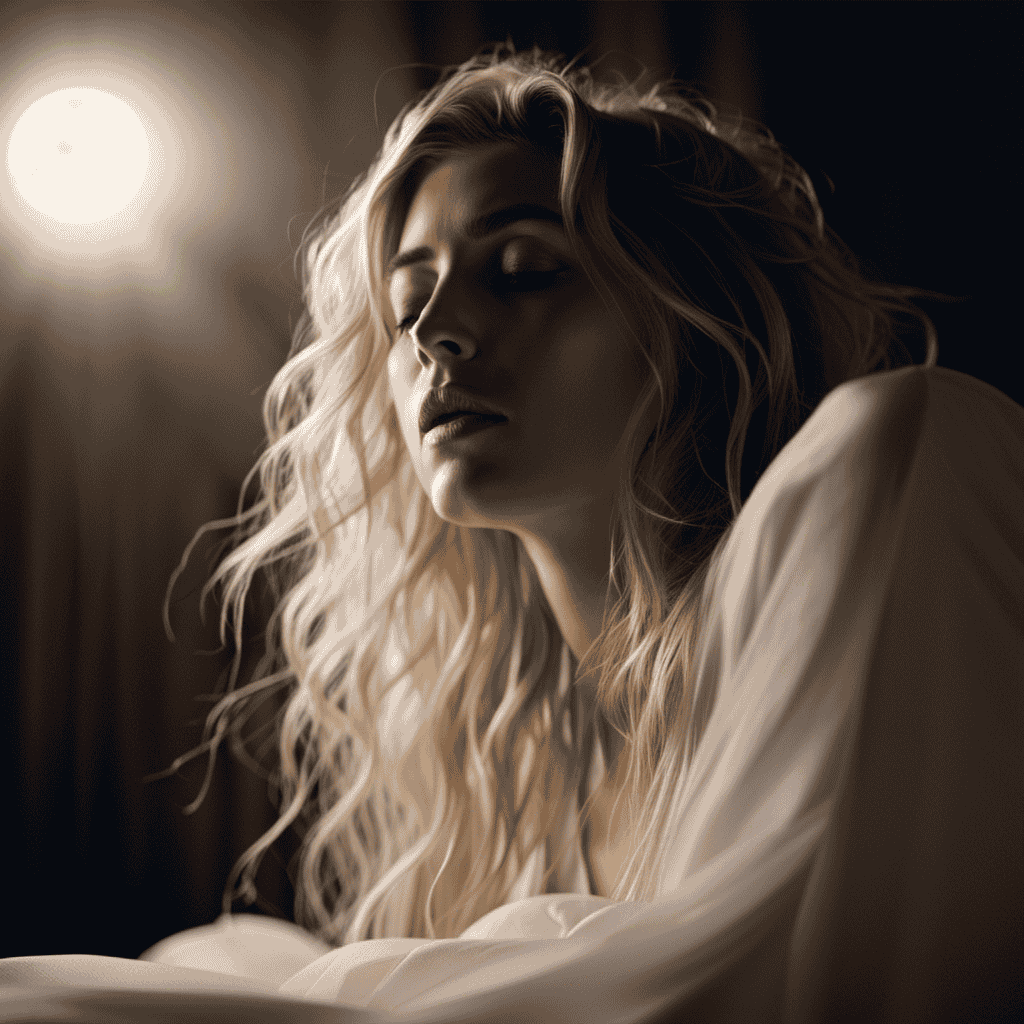 An image of a serene, moonlit bedroom where a dreamer stands, their face contorted in pain, while ethereal strands of hair escape their open mouth, symbolizing the release of negative energy