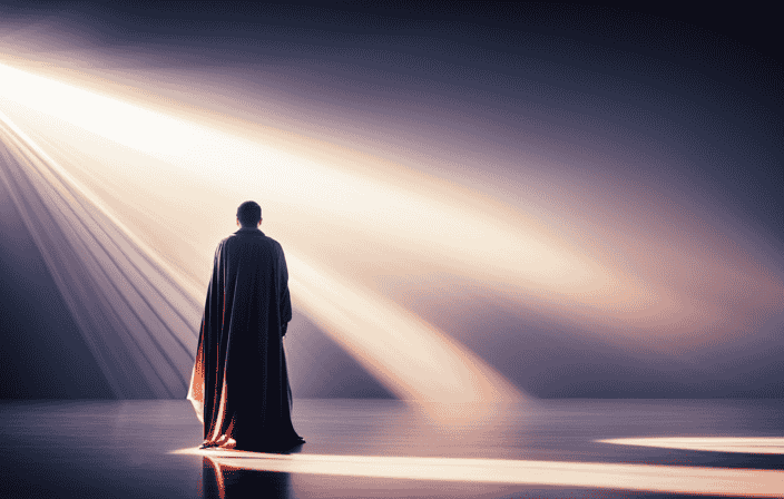 An image of a person standing in a sunlit room, adorned in a flowing, ethereal cloak