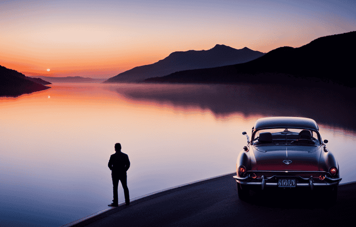 An image showcasing a serene lakeside sunset, with a winding road leading into the distance