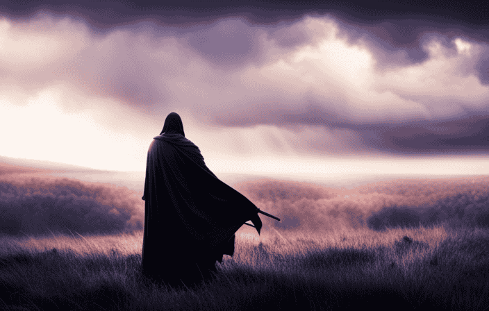 An image of a solitary figure standing tall amidst a dark, stormy sky, fiercely wielding a shining sword of light, while a swarm of malevolent shadows surrounds them, representing the battle against spiritual attacks