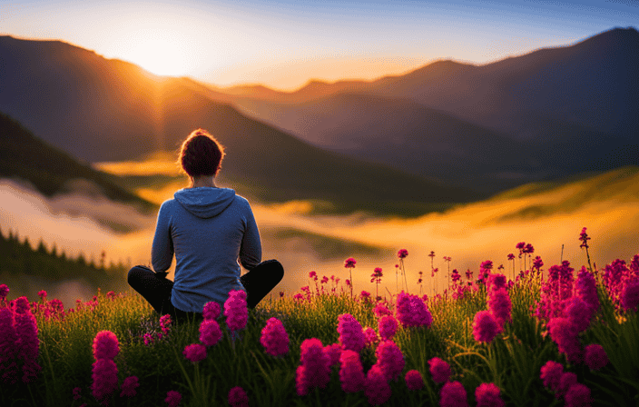 An image showcasing a serene sunset casting a warm glow on a solitary figure kneeling in prayer on a mountaintop, surrounded by vibrant wildflowers, evoking a sense of tranquility and spiritual connection