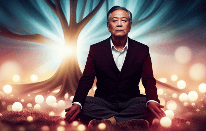 An image depicting a person sitting cross-legged under a vibrant, ancient tree, surrounded by softly glowing orbs of light