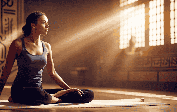 An image showcasing a serene, sunlit room adorned with Egyptian motifs, where a yogi gracefully practices Kemetic yoga