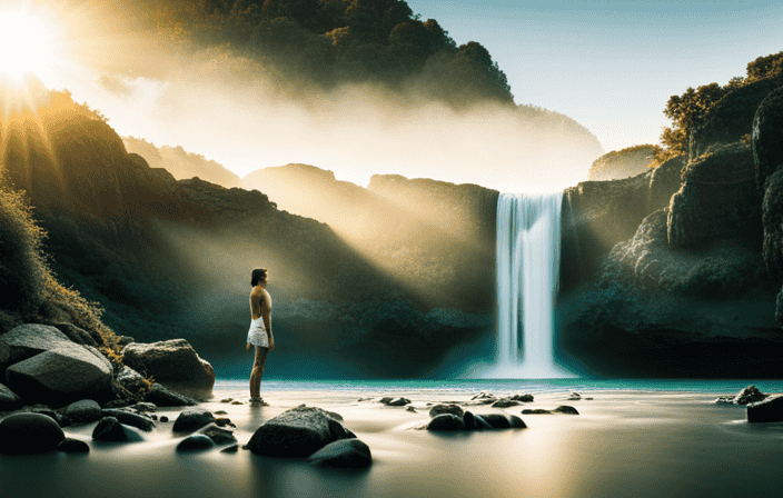 An image showcasing a person standing beneath a majestic waterfall, their body enveloped in cascading crystal-clear water droplets, capturing the invigorating essence of nature and illustrating the transformative power of refreshing your aura