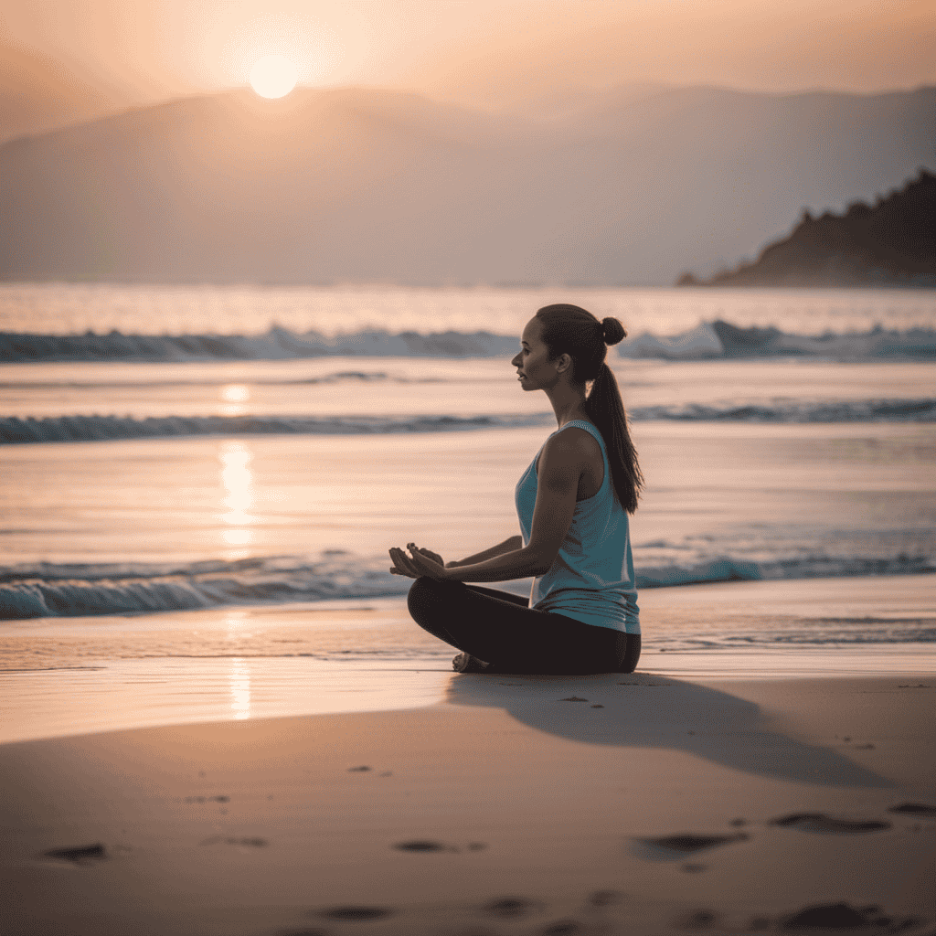 An image showcasing a serene scene of a person peacefully practicing yoga on a tranquil beach at sunrise, surrounded by gently rolling waves, soft sand, and a calming pastel color palette