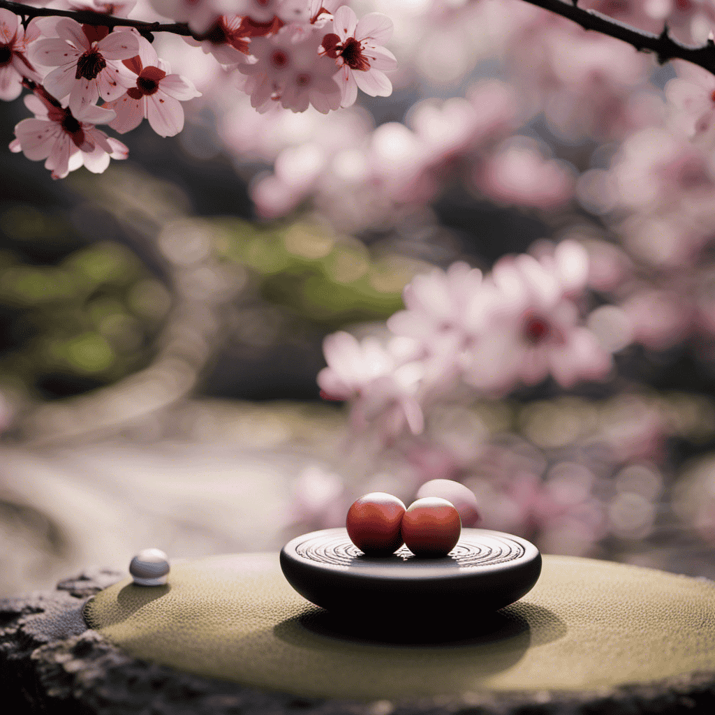 An image that captures the essence of Japanese stress balls, showcasing a tranquil setting with a zen garden backdrop