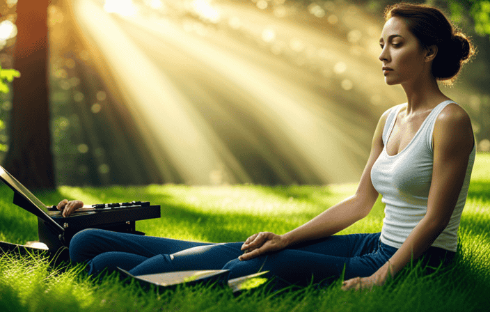 An image featuring a serene scene of a person practicing relaxation techniques, surrounded by lush greenery and gentle sunlight, with soft music playing in the background, evoking a sense of tranquility and peace