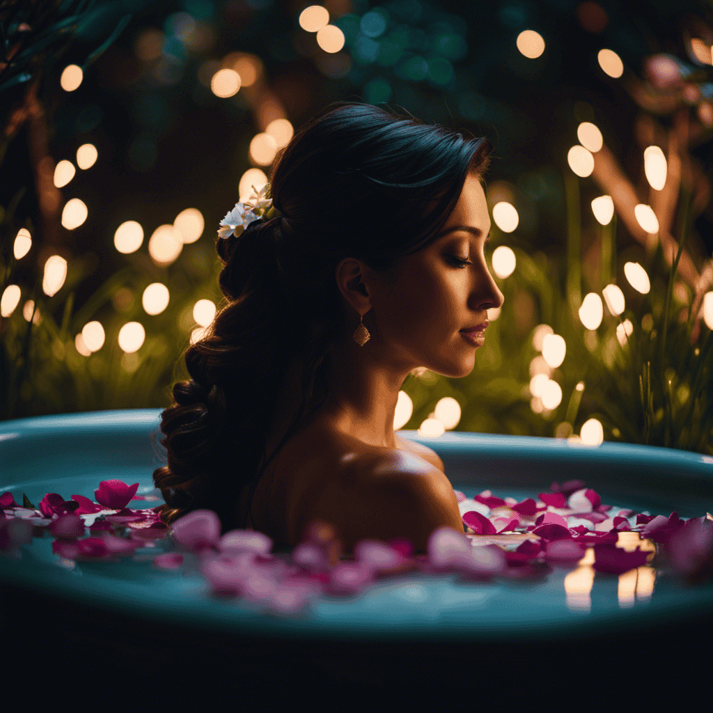 An image that captures the essence of relaxation: a soothing bath filled with petals, surrounded by lush greenery, and a serene figure meditating under a peaceful, starlit sky