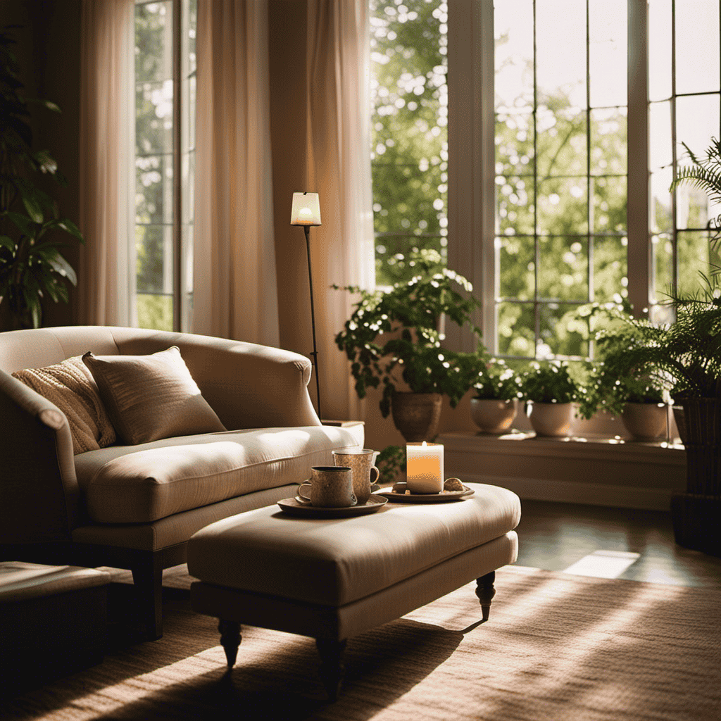 An image of a serene, sun-drenched room with floor-to-ceiling windows overlooking a lush garden