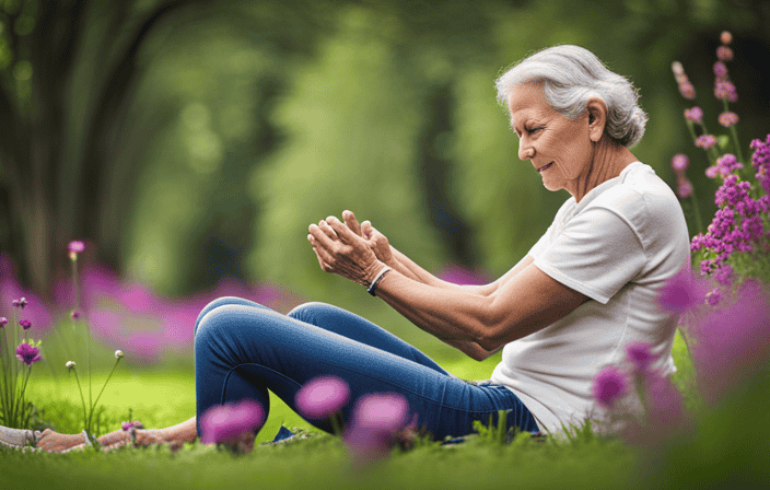 An image showcasing a serene setting with a person sitting in a tranquil garden, surrounded by blooming flowers and gently stretching their hands and fingers, providing relief from arthritis pain through progressive muscle relaxation