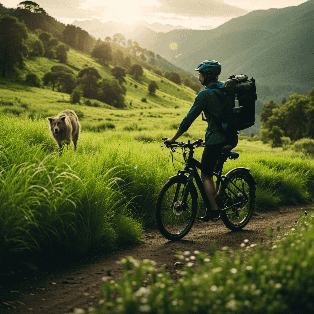 An image showcasing a person riding an electric bike through a lush green landscape, with a water bottle attached to the bike, surrounded by animals, while a person meditates nearby, capturing the essence of holistic health and mental well-being