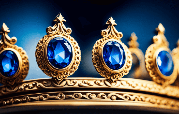 An image showcasing a majestic crown adorned with intricate blue sapphires