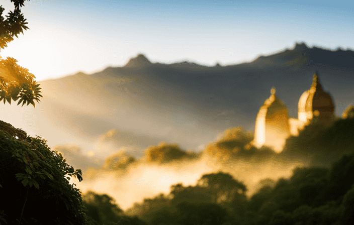 An image showcasing a serene mountain peak, adorned with an ancient temple nestled amidst lush greenery