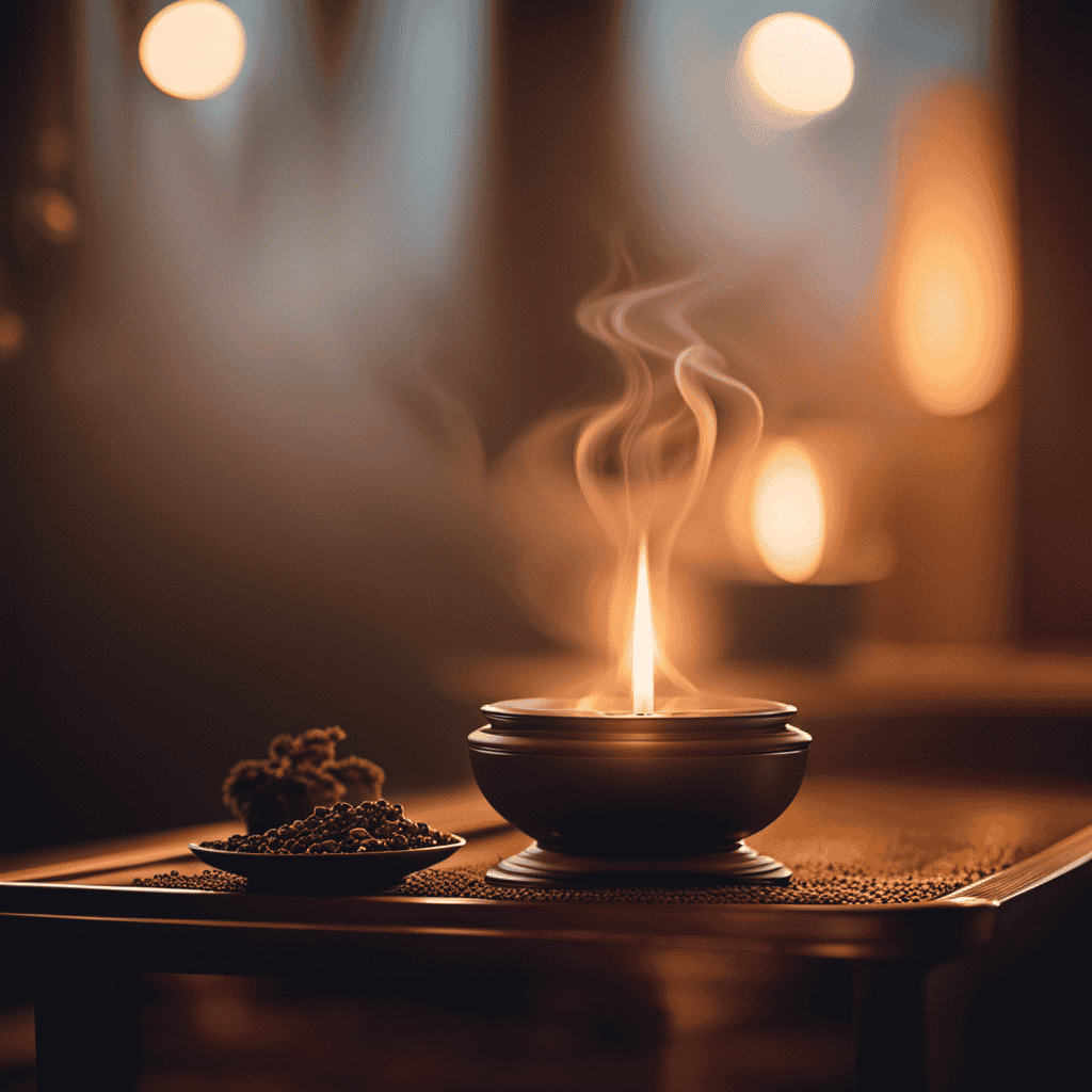 An image capturing the ethereal beauty of a serene meditation space, where wisps of fragrant smoke curl around a delicately adorned incense holder, casting a warm glow and inviting tranquil introspection
